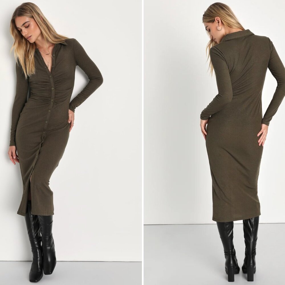 NWOT Lulu's Long Sleeve Olive Button-Down Dress